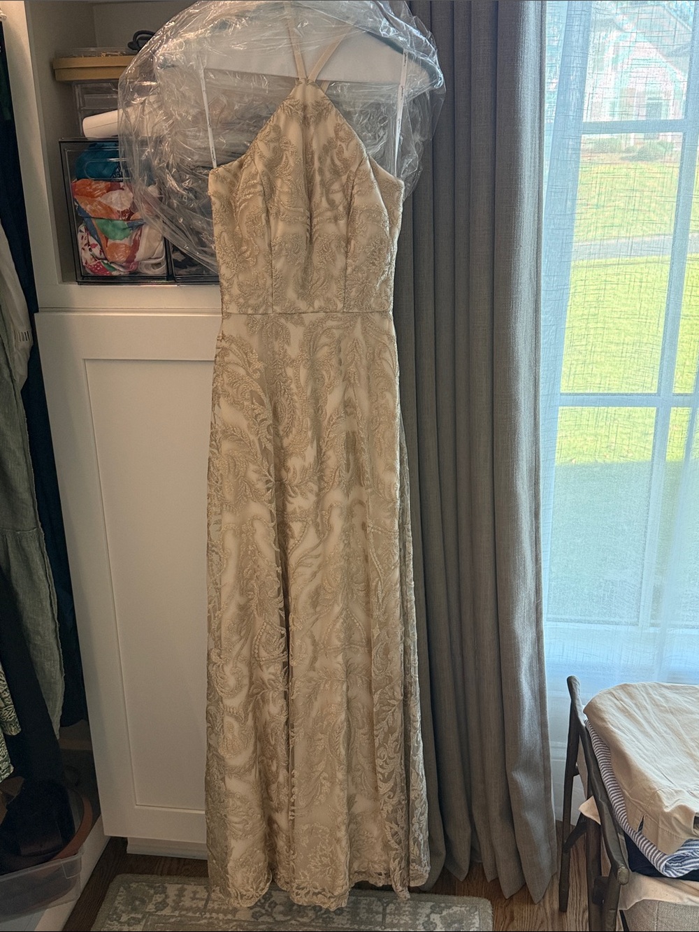 Embroidered Cream Maxi Dress with Halter Neck